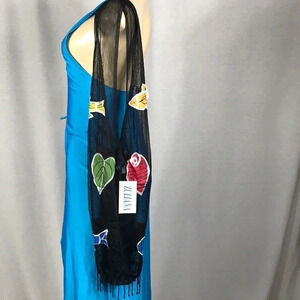 Zuliana Black Mesh Fish Print Shoulder Bag With Beaded Fringe Bottom. New
